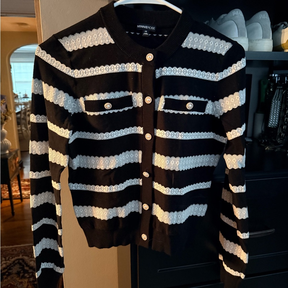 Minnie Rose Black and White Striped Lace-Detail Cardigan